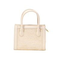 Cream-colored Square Braid Box Handbag with woven straw-like texture and leather trim