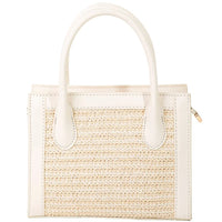 White and beige Square Braid Box Handbag with woven straw-like texture and structured shape