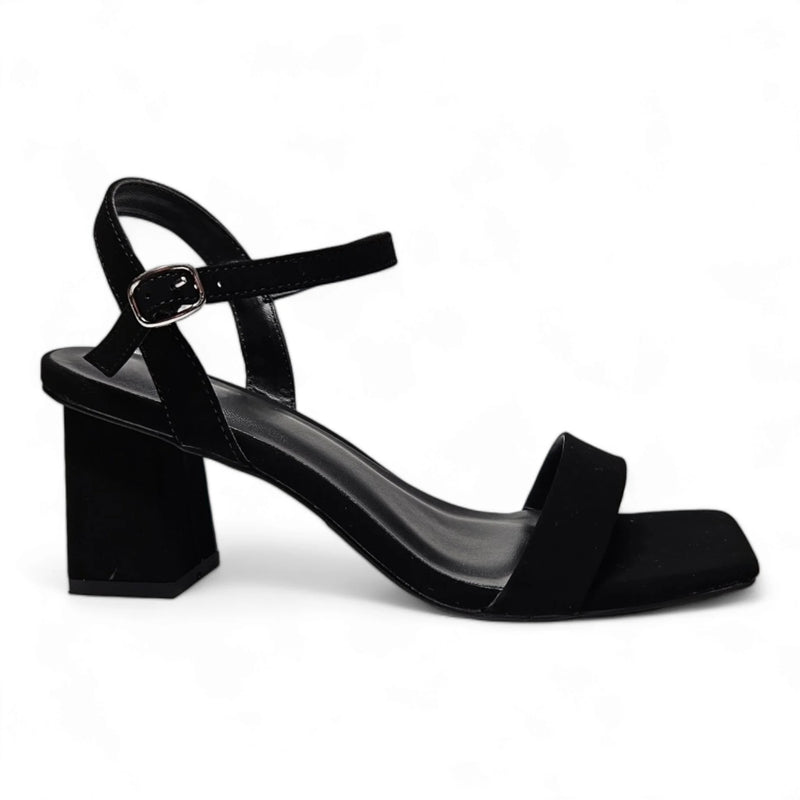 Black suede chunky heel sandal with ankle strap for Square Toe Everyday Heel