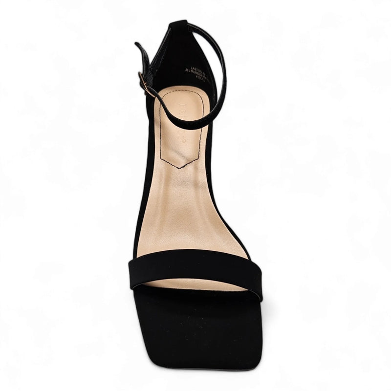 Black high-heeled square toe heel sandal with ankle strap and stylish design