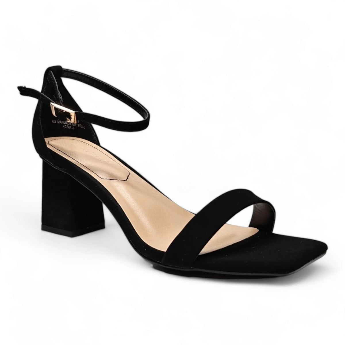 Black suede square toe heel sandal with chunky heel and ankle strap