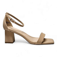 Beige leather square toe heel sandal with chunky heel and ankle strap design