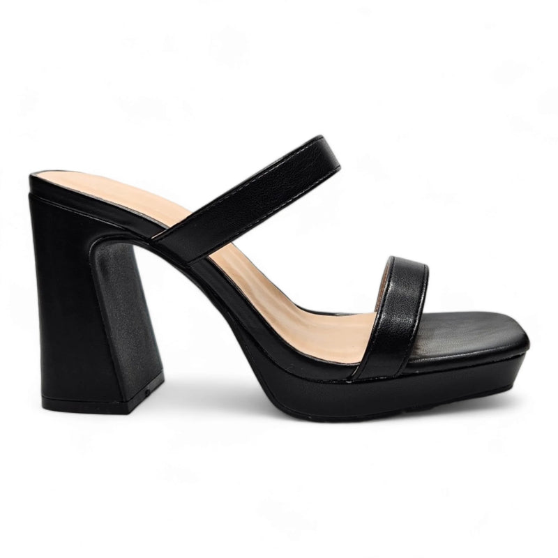 Black square toe platform heels featuring two straps and a chunky heel