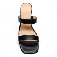 Black leather high-heeled sandal with two straps, perfect square toe platform heels