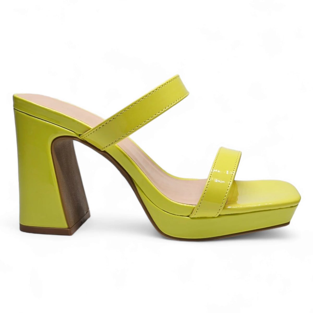 Lime green square toe platform heels with chunky heel and platform sole