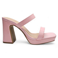 Pink square toe platform heels featuring a chunky heel and two stylish straps