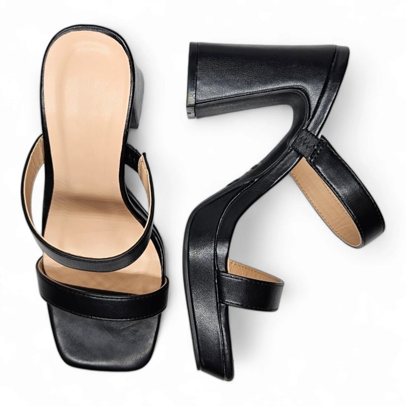 Black leather square toe platform heels with thin straps and high heels