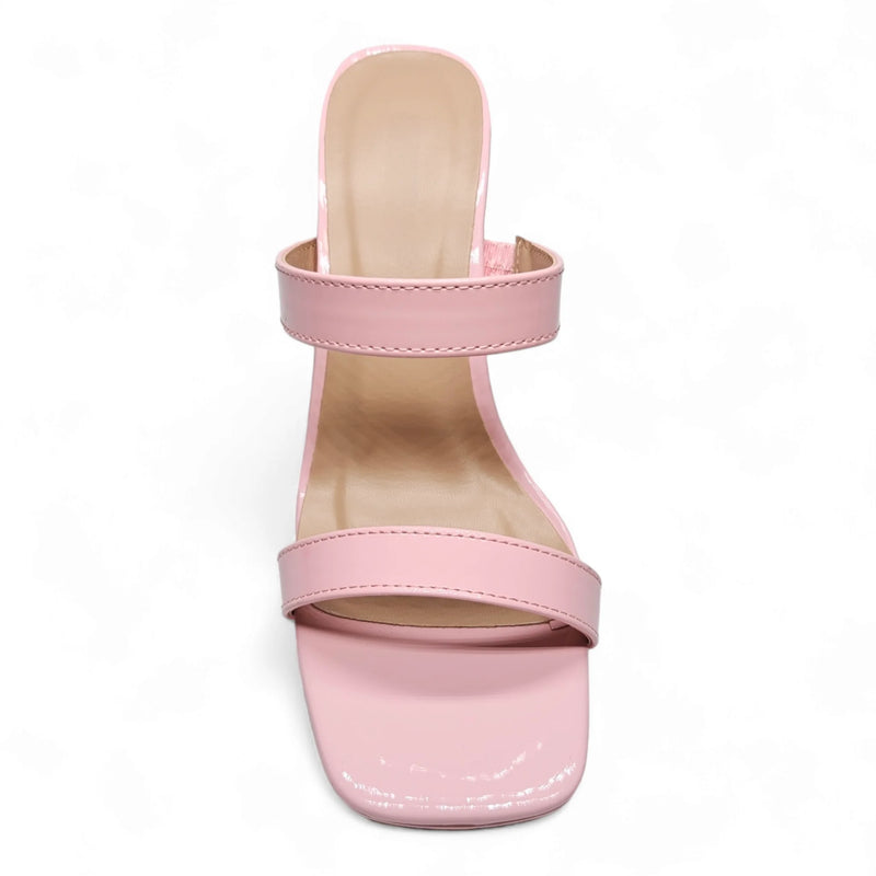 Pink high-heeled sandal with two straps, perfect for square toe platform heels