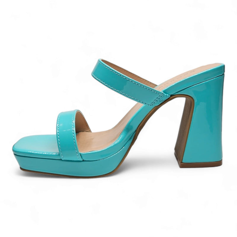 Turquoise Square Toe Platform Heels with chunky heel and platform sole