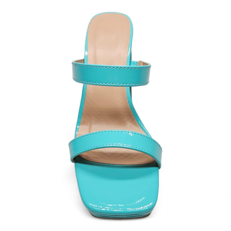 Turquoise high-heeled sandal with two straps, perfect square toe platform heels