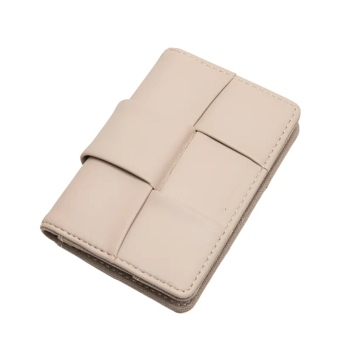 Beige leather Square Woven Wallet with wrap-around closure for stylish organization