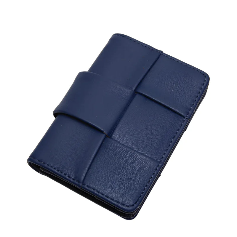 Navy blue leather square woven wallet with a wrap-around closure strap