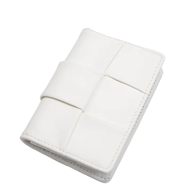 White leather Square Woven Wallet with a stylish woven pattern for cards