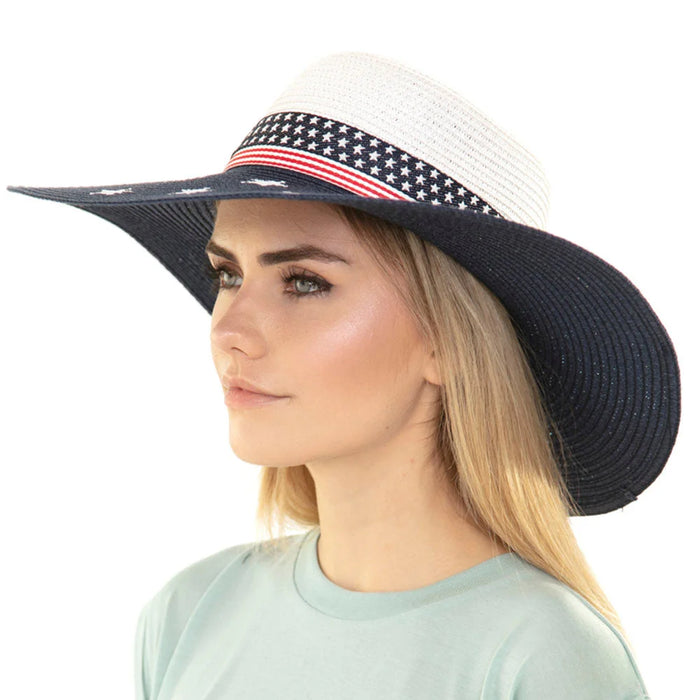 USA Star and Stripe Natural Fiber Woven Sun Hat - White