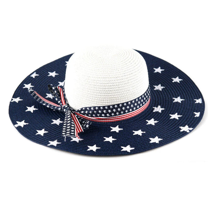 USA Star and Stripe Natural Fiber Woven Sun Hat - White