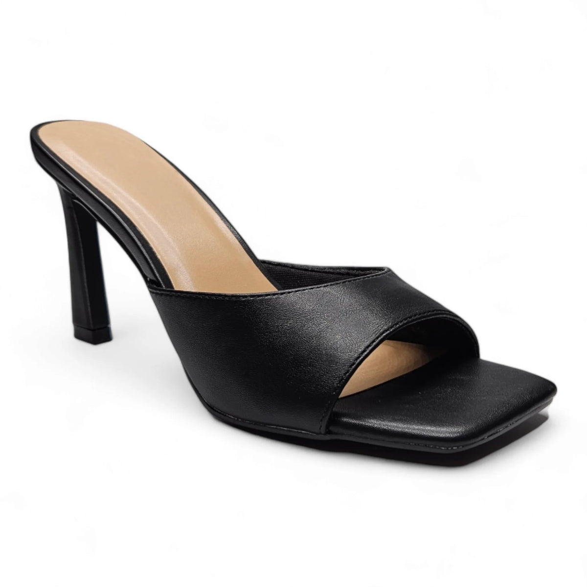 Black leather high-heeled mule sandal with square toe, perfect for the Steam Heeled Mule style