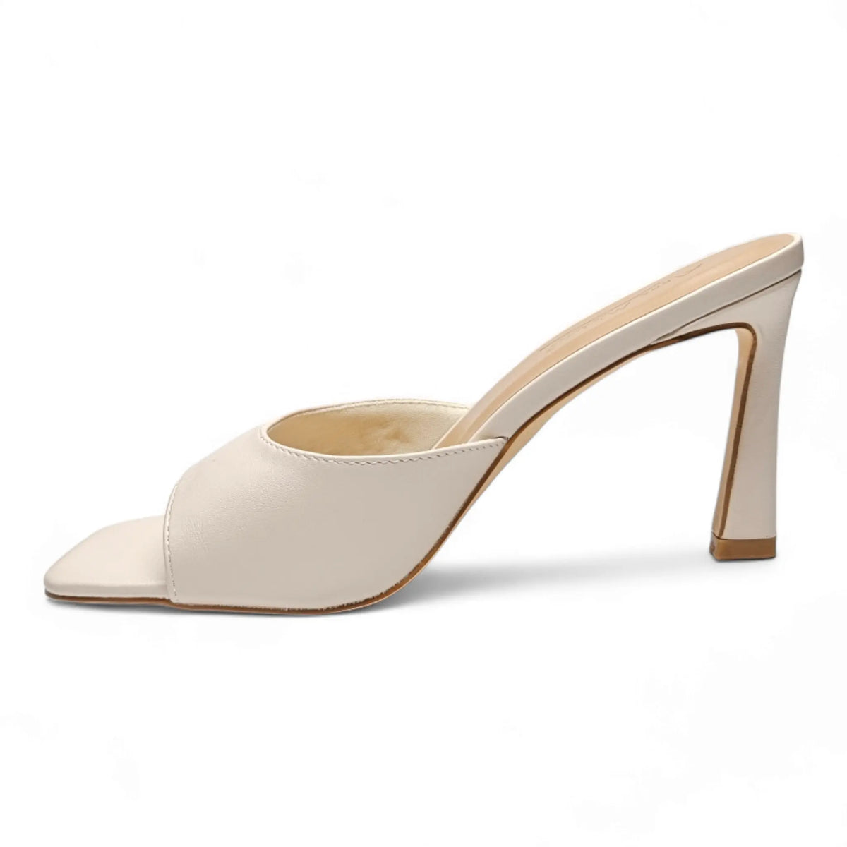 Elegant cream Steam Heeled Mule sandal with square toe and slender heel