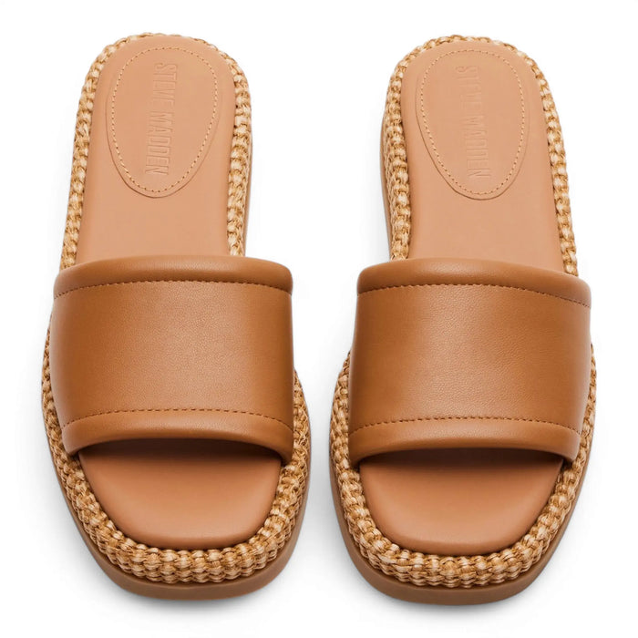 Brown leather slide sandals from Steve Madden Boardwalk with raffia flatform design