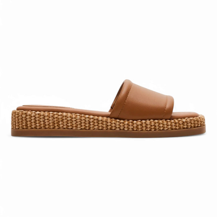 Brown leather slide sandal from Steve Madden Boardwalk Leather Raffia Flatform Slide