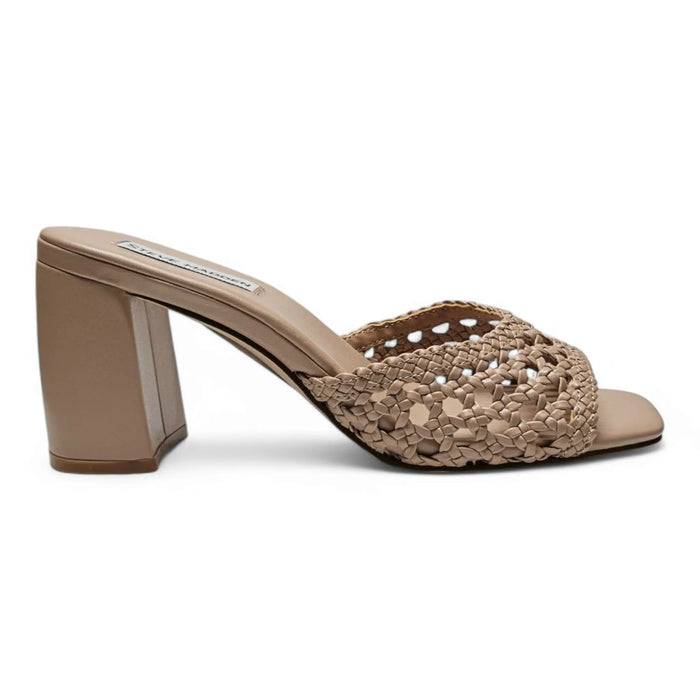 Beige woven heeled sandal from Steve Madden Mania Square Toe Mule Heels collection