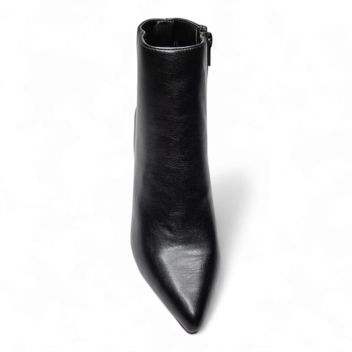 Black leather stiletto pointed bootie with a pointed toe and side zipper detail