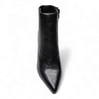 Black leather stiletto pointed bootie with a pointed toe and side zipper detail