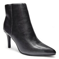 Black leather stiletto pointed bootie with high heel and pointed toe design