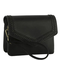 Black leather stitched envelope crossbody clutch wristlet with decorative stitching