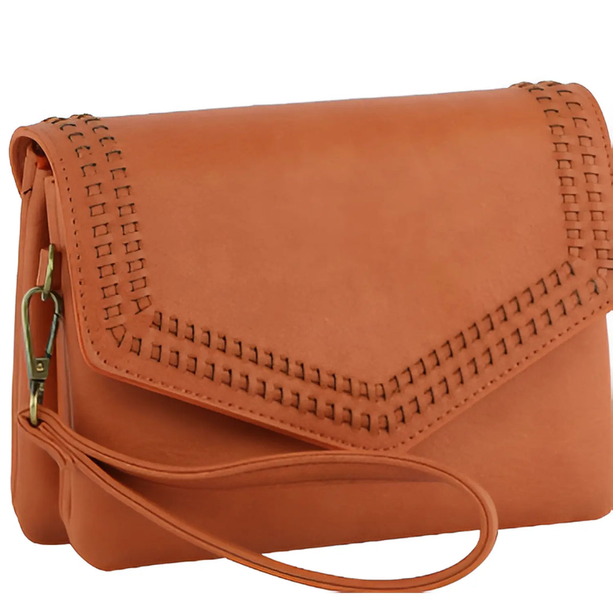 Tan leather Stitched Envelope Crossbody Clutch Wristlet with decorative stitching