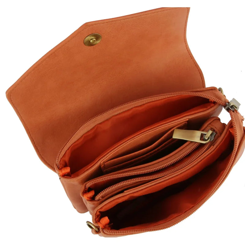 Orange leather Stitched Envelope Crossbody Clutch Wristlet with compartments and snap closure