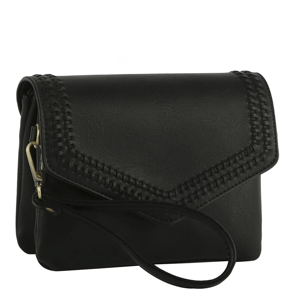 Black leather stitched envelope crossbody clutch wristlet with decorative stitching