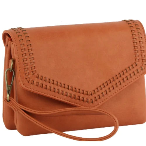 Tan leather Stitched Envelope Crossbody Clutch Wristlet with decorative stitching