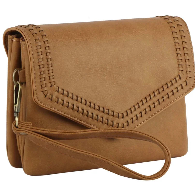 Tan leather Stitched Envelope Crossbody Clutch Wristlet with decorative stitching