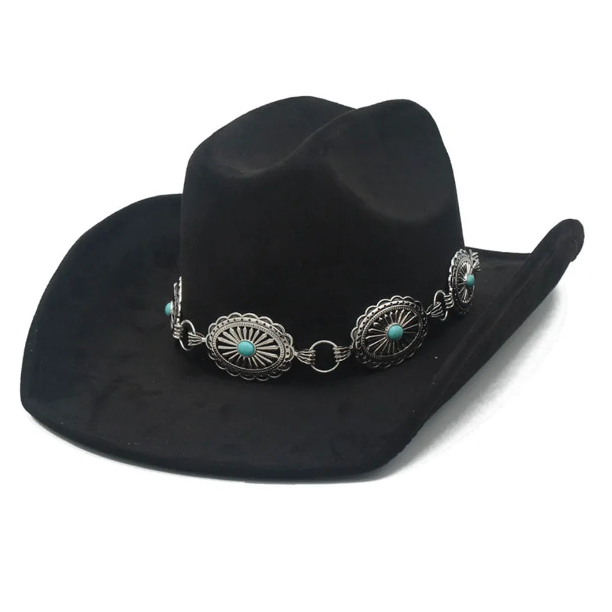 Black cowboy hat with turquoise and silver band from the Stone Accent Conch collection