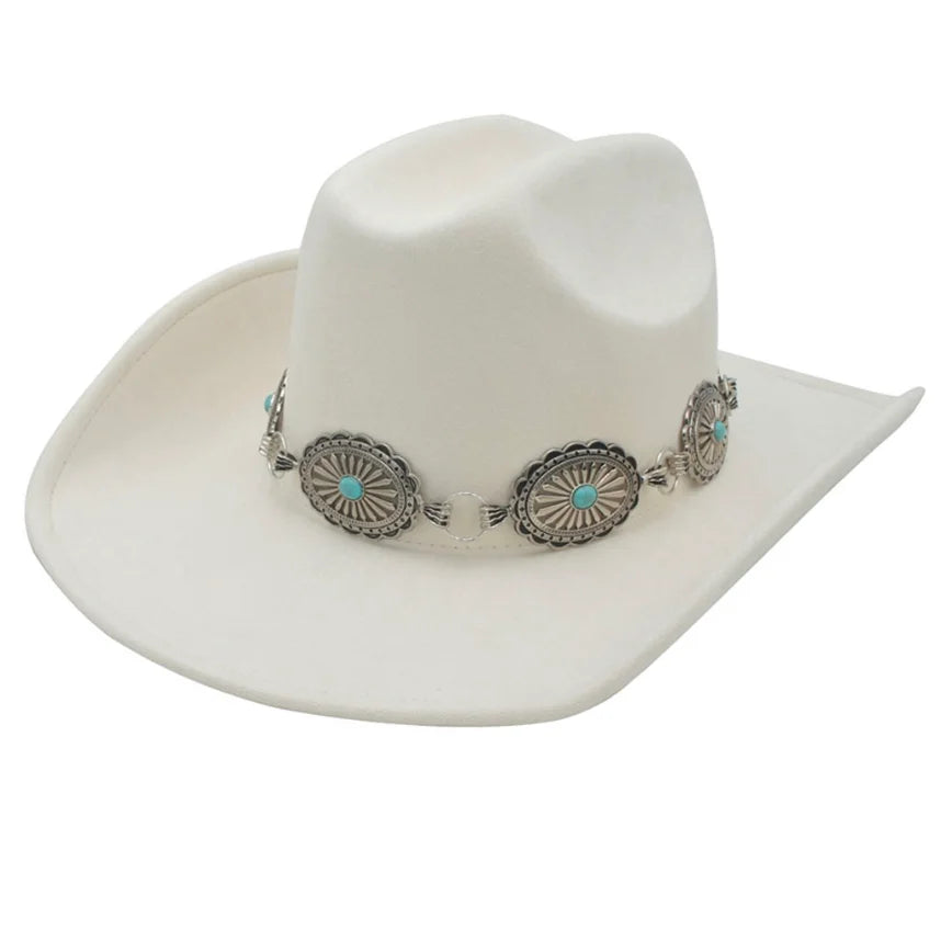 White cowboy hat with silver and turquoise band, the perfect Stone Accent Conch Cowboy Hat