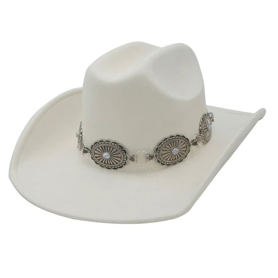 White Conch Cowboy Hat with Decorative Silver Concho Band for Stone Accent Conch Style