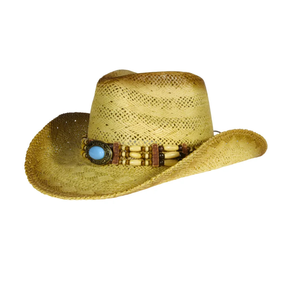 Straw cowboy hat with turquoise stone band in stylish Stone Bead Western design