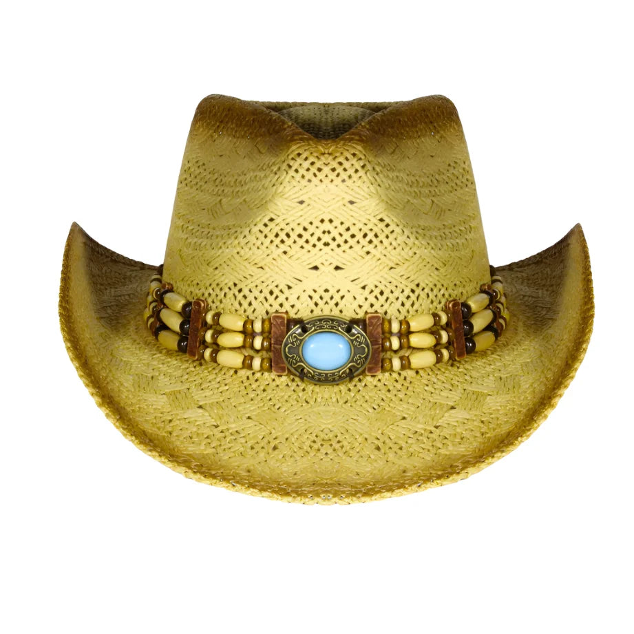 Straw cowboy hat with a turquoise stone centerpiece and decorative bead western band