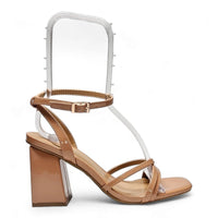 Tan leather Strappy Ankle Wrap Heel with chunky block heel and strappy design