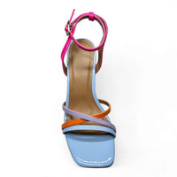 Colorful high-heeled Strappy Ankle Wrap Heel with pink, blue, and orange straps