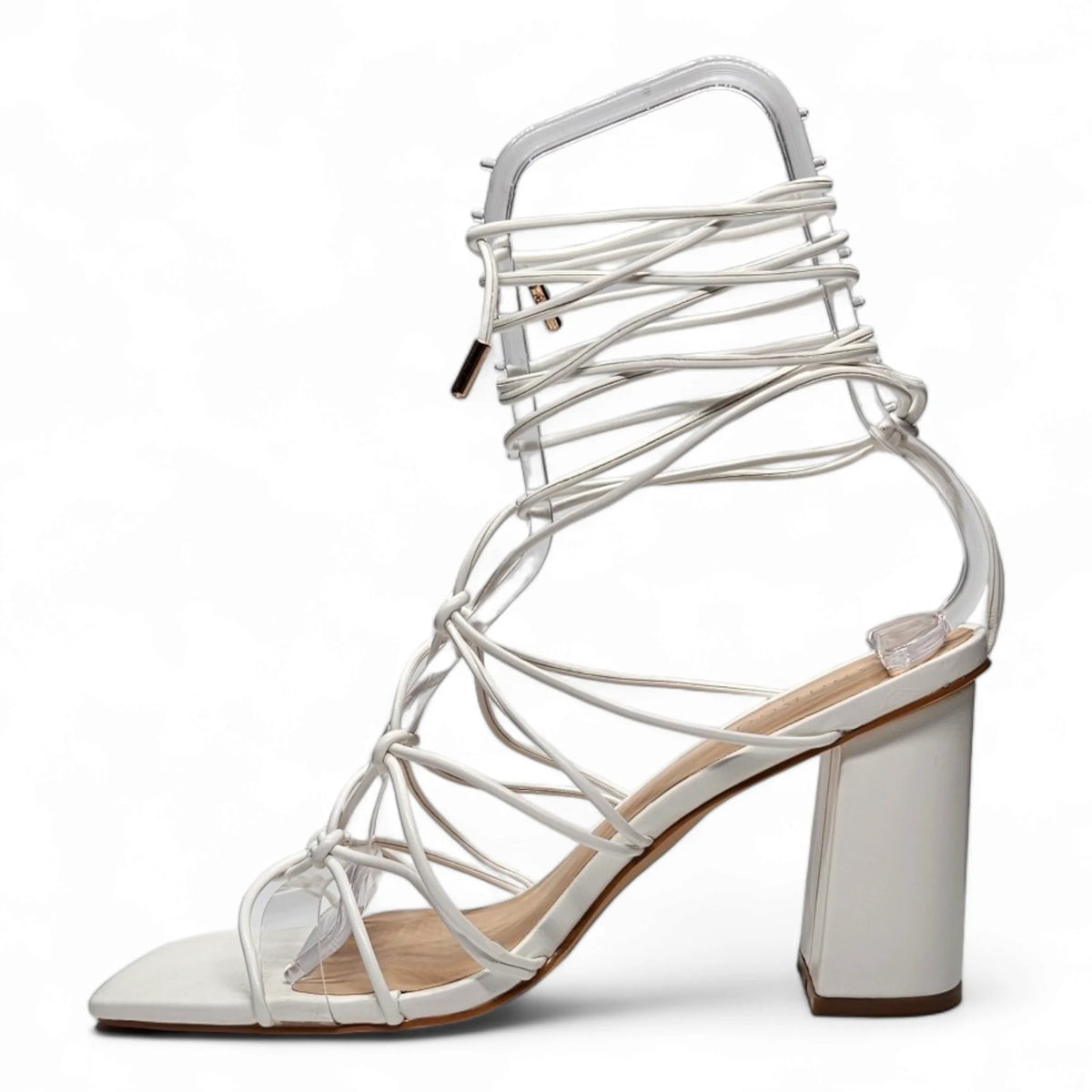 White strappy lace up heel sandal with chunky heel and ankle-wrap design