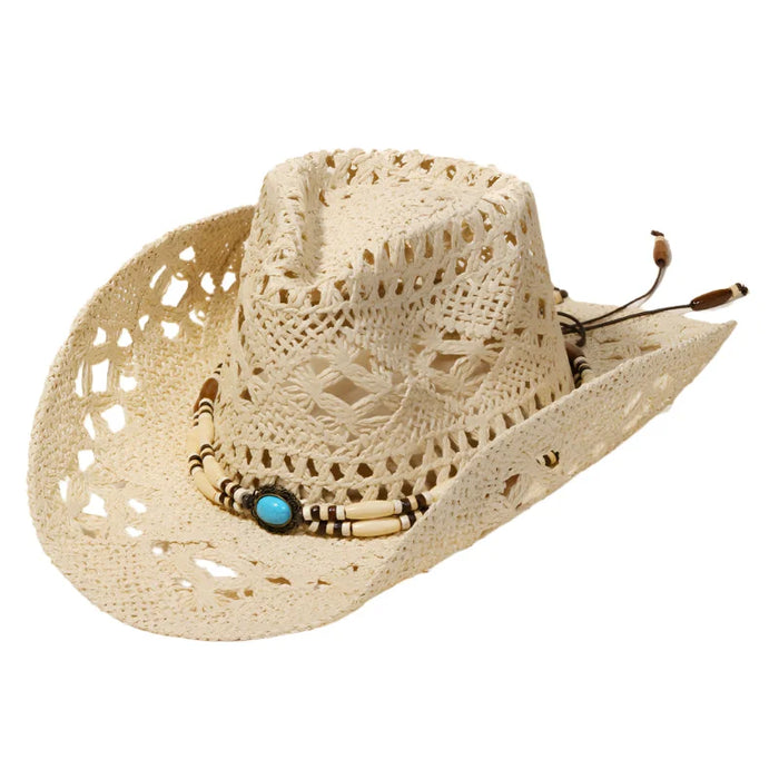 Cream straw braided beaded cowboy hat with turquoise beads and leather accents