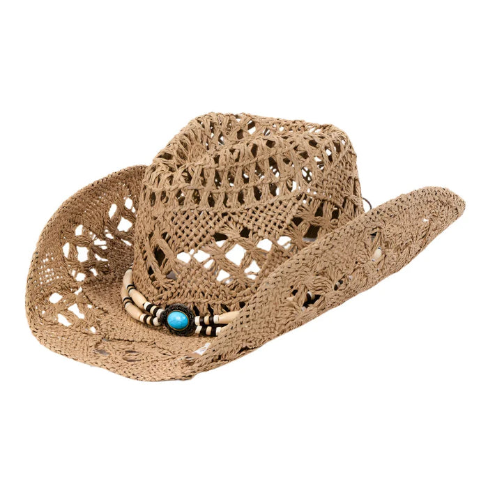 Woven straw braided beaded cowboy hat with turquoise bead decoration