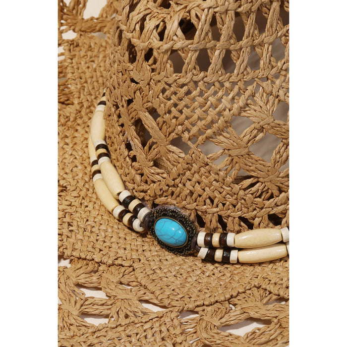 Straw Braided Beaded Strap Cowboy Hat - Ivory