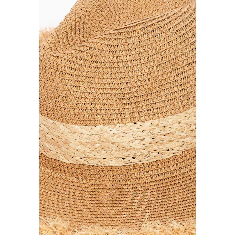 Straw Braided Fringe Fedora Hat featuring a woven band around the crown