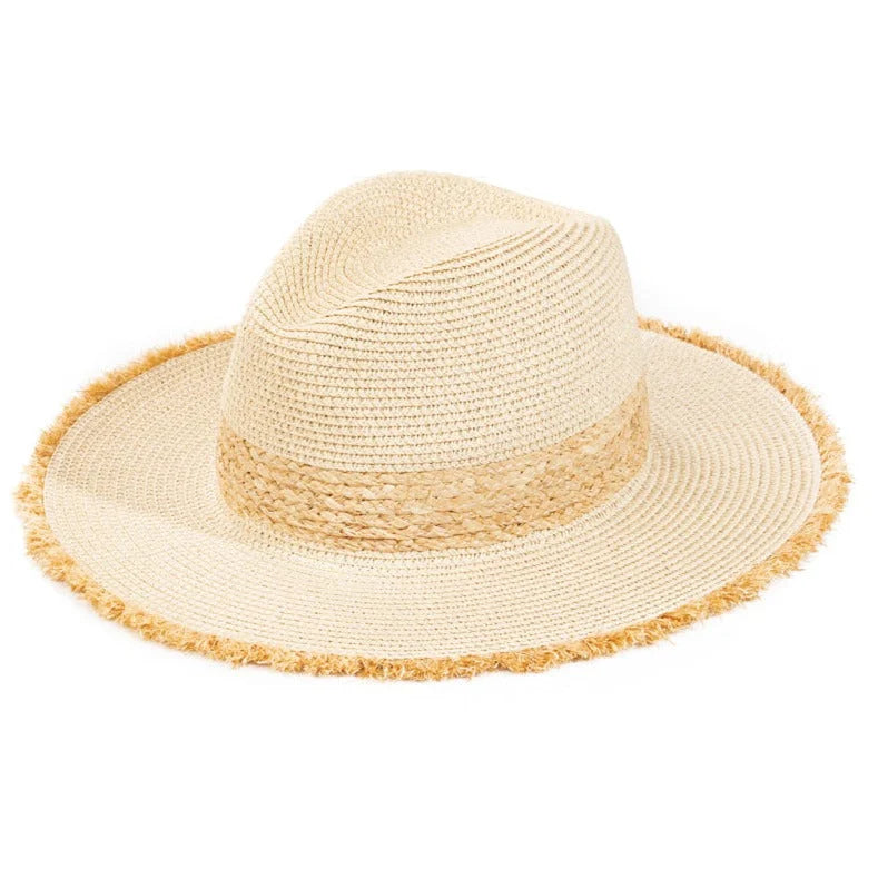 Beige Straw Braided Fringe Fedora Hat with frayed brim and decorative band