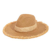 Straw Braided Fringe Fedora Hat featuring a frayed brim and decorative band