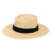 Straw Braided Pork Pie Hat featuring a black ribbon band for stylish summer wear