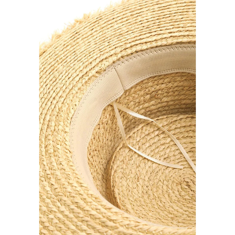 Straw Braided Pork Pie Hat featuring a stylish straw sun hat with beige ribbon band