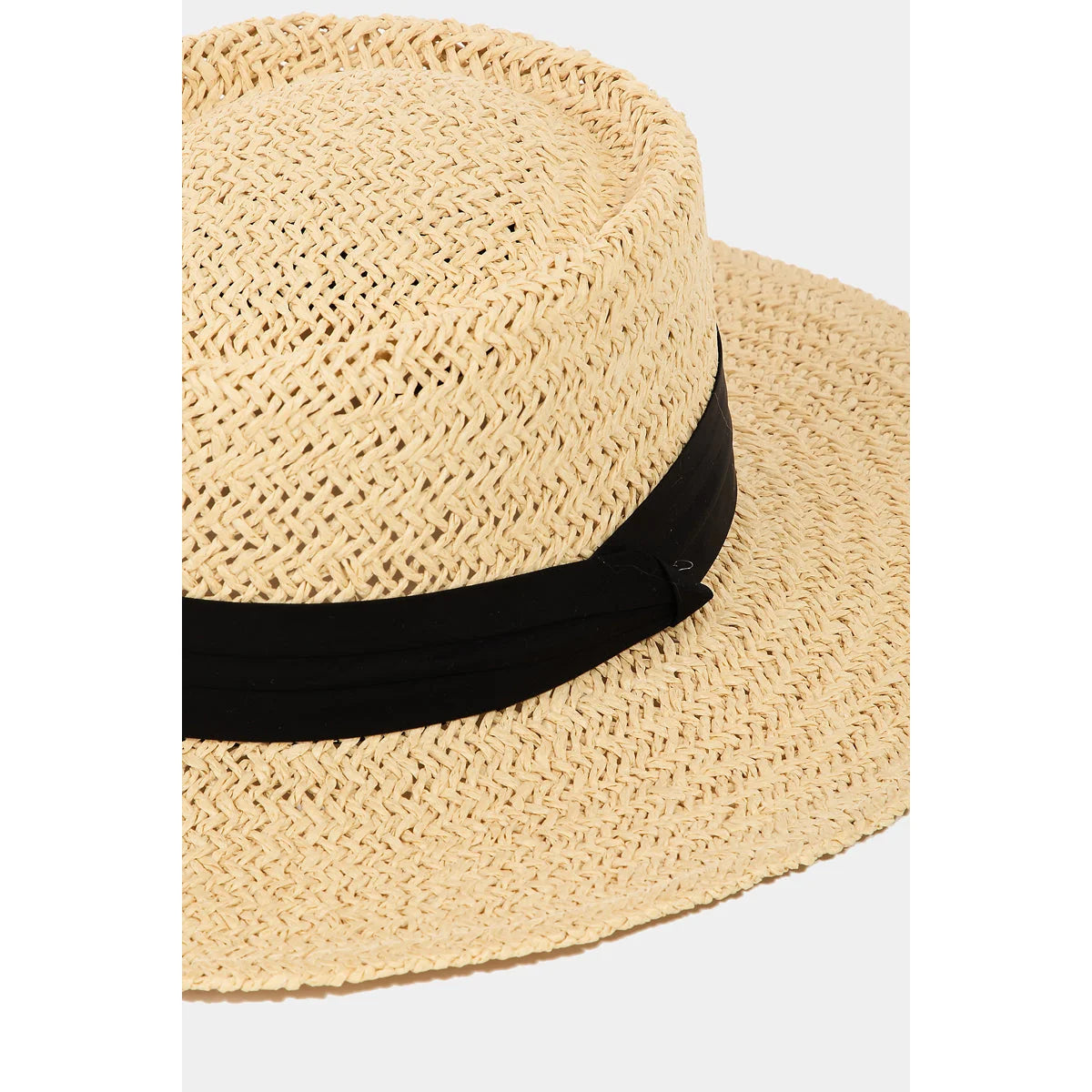 Straw Braided Pork Pie Hat featuring a stylish black ribbon band